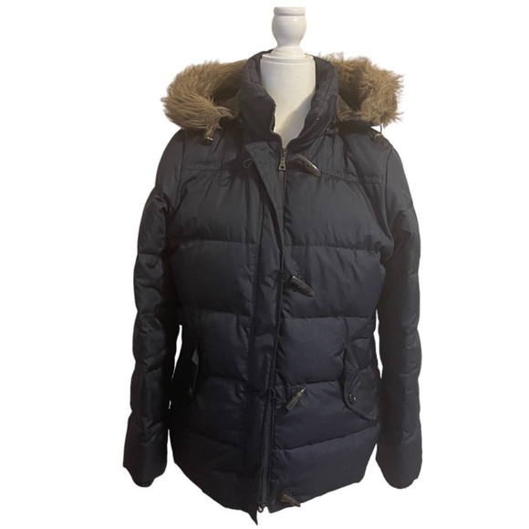 Women’s TOMMY HILFIGER Navy Blue Down Puffer Coat Jacket Fur Hood - Picture 2 of 7